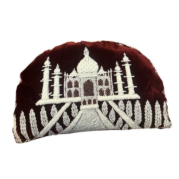 Vintage Handmade Beaded Embroidered Velvet Pillow Art Decor Taj Mahal Peacock - Picture 5 of 8